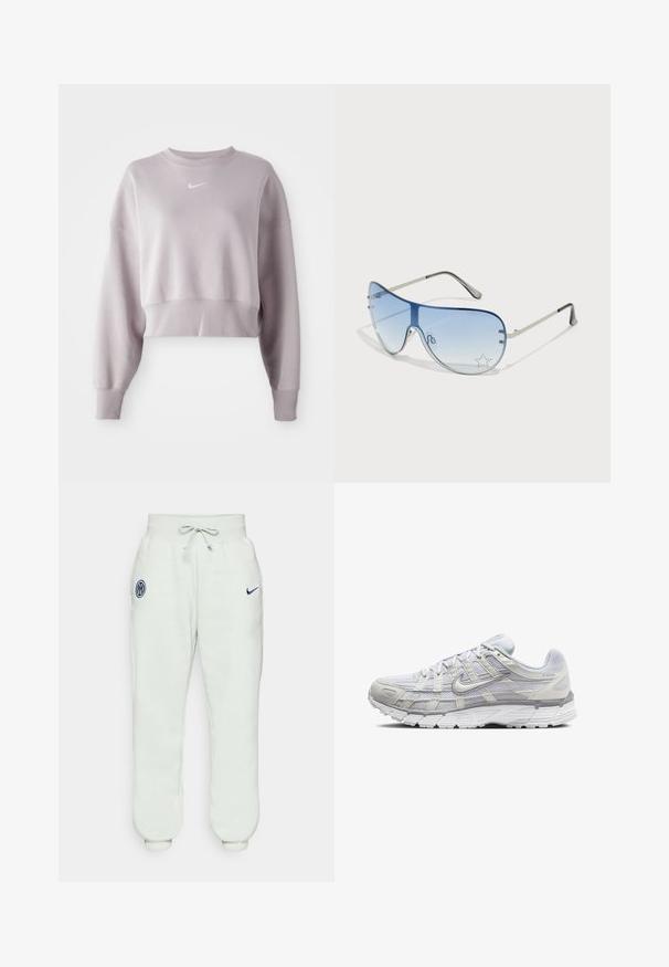 Geknipte, licht lavendel sweatshirt met lange mouwen, geribbelde manchetten en een klein wit Nike-logo op de borst. Zachte stoftextuur.; Lichtgrijze sweatpants met een elastische tailleband, een trekkoord, cuffs bij de enkels en een marineblauw embleem met een logo op de linker dij.; Lichtgrijze sportschoenen met een bovenwerk van mesh en synthetisch materiaal, voorzien van een vetersluiting, een gevoerd kraagje en een gestructureerde zool voor grip.; Aviator zonnebril met een gradient blauwe lens, zilveren metalen frame en decoratieve sterrenaccenten op de lens. Glad en strak ontwerp.