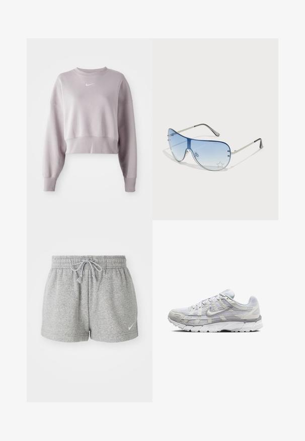 Krátky svetlý levanduľový sveter s dlhými rukávmi, rebrovanými manžetami a malým bielym logom Nike na hrudníku. Jemná textúra látky.; Šedé bavlnené šortky s elastickým pásom, šnúrkou a bočnými švami. Obsahujú malé biele logo na dolnej ľavej nohe.; Svetlo šedé športové topánky s vrchom z ďalekého a syntetického materiálu, so šnurovacím uzáverom, polstrovaným golierom a štruktúrovanou podrážkou pre lepšiu priľnavosť.; Pilotné slnečné okuliare s prechodovým modrým sklom, strieborným kovovým rámom a ozdobnými hviezdičkovými akcentmi na sklách. Hladký a elegantný dizajn.