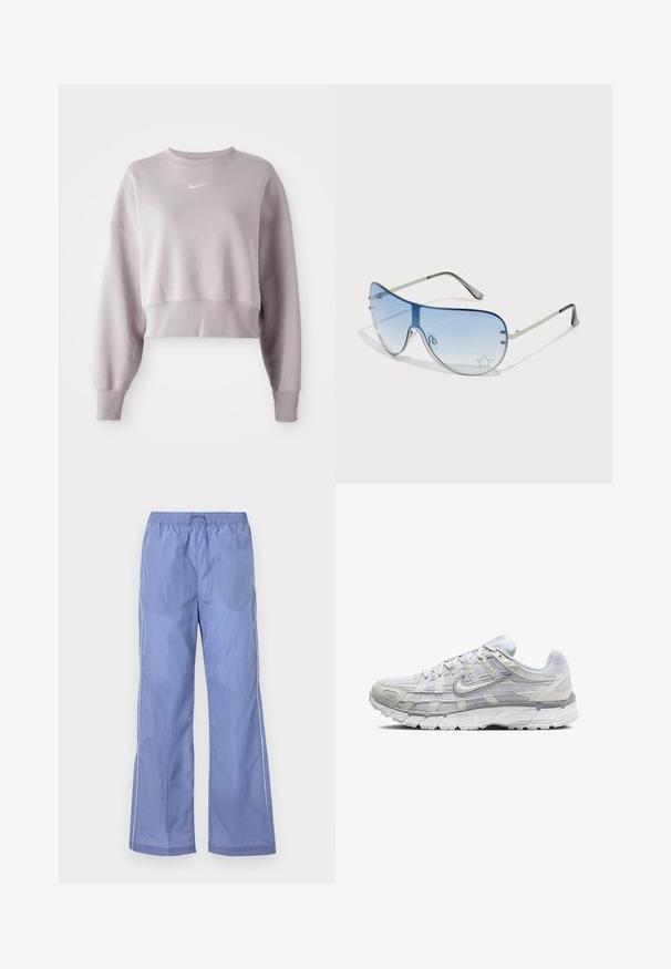 Izgriezts, gaiši lavandas svārku krekls ar garām piedurknēm, ribotām aprocēm un mazu baltu Nike logotipu uz krūtīm. Mīksta auduma tekstūra.; Zilas vieglais bikses ar elastīgu jostas vietu, ar brīvu piegriezumu un sānu apdari. Izgatavotas no gludas, izturīgas materiāla.; Gai pelēki sporta apavi ar sietiņa un sintētisku augšdaļu, ar auklām, mīkstu apkakli un strukturētu zoli saķerei.; Pilotstila saulesbrilles ar gradienta zilām lēcām, sudraba metāla rāmjiem un dekoratīvām zvaigžņu akcentiem uz lēcām. Gluda un eleganta dizaina.