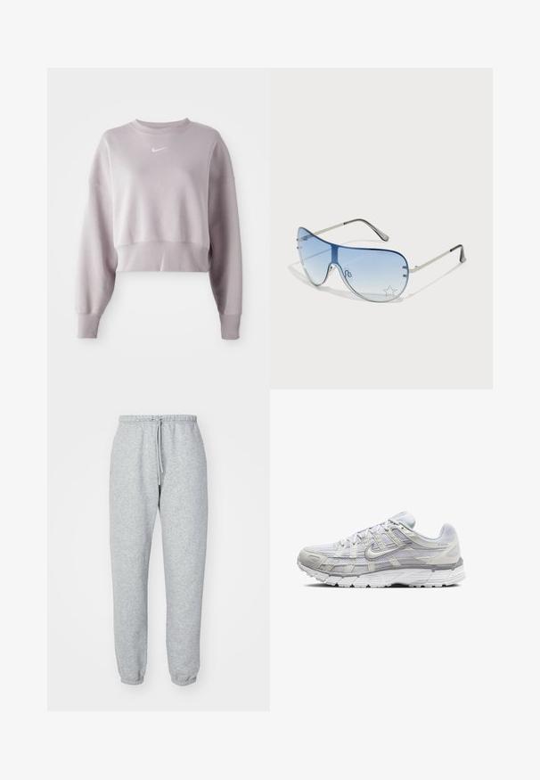Geknipte, licht lavendel sweatshirt met lange mouwen, geribbelde manchetten en een klein wit Nike-logo op de borst. Zachte stoftextuur.; Grijze sweatpants gemaakt van zachte, gestructureerde stof. Voorzien van een elastische tailleband met koord, taps toelopende enkels en zonder zichtbare patronen of logo's.; Lichtgrijze sportschoenen met een bovenwerk van mesh en synthetisch materiaal, voorzien van een vetersluiting, een gevoerd kraagje en een gestructureerde zool voor grip.; Aviator zonnebril met een gradient blauwe lens, zilveren metalen frame en decoratieve sterrenaccenten op de lens. Glad en strak ontwerp.