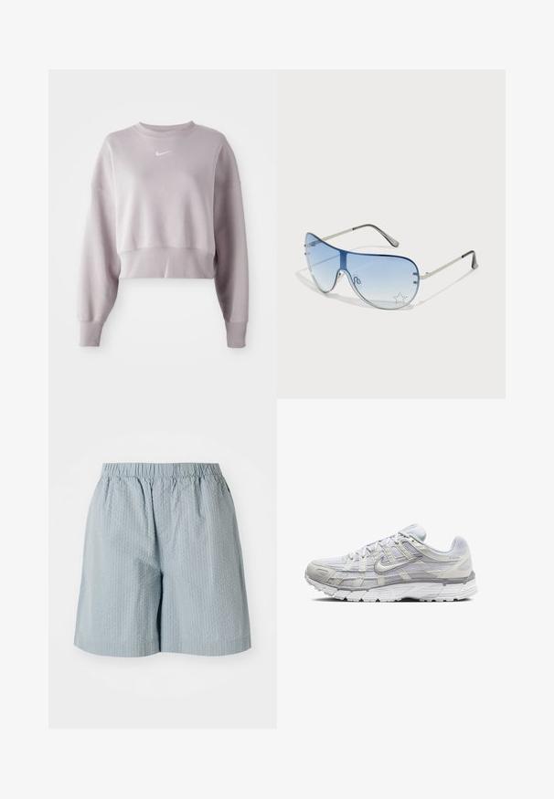 Lühendatud helelilla dressipluus pikemate varrukatega, soonikute äärtega ja väikese valge Nike logo'ga rinnal. Pehme kangas.; Heledad sinine, tekstureeritud lühikesed püksid, elastse vöökohtaga, millel on lõdvestunud sobivus ja ilma nähtavate taskuteta või riistadega.; Heledad hallid spordijalatsid, millel on sidesilmustega ja sünteetilisest ülemisest osa, pehme krae ning tekstuuriga põhi, mis tagab haarduvuse.; Aviatori prillid, millel on gradient sinine objektiiv, hõbedane metallraam ja dekoratiivsed staaraktsendid objektiivil. Sujuv ja stiilne disain.; Hõbedast kõrvarõngaste komplekt: kaks ovaalset kinnitust ja kaks poolkuu kujulist rippuvat kõrvarõngast, millel on läikiv ja sujuv viimistlus ning ümar disain.