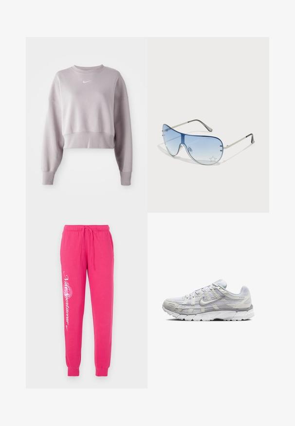 Korte, lys lavendel sweatshirt med lange ermer, ribbede mansjetter og en liten hvit Nike-logo på brystet. Myk stofftekstur.; Rosa joggebukser laget av mykt stoff, med snøring i livet, tapered cuffs, og hvit grafisk tekst på venstre ben.; Lys grå sportsko med overdel i mesh og syntetisk materiale, med snøring, polstret krave og strukturert såle for grep.; Pilotbriller med gradient blå linse, sølvfarget metallramme og dekorative stjerneaksenter på linsen. Glatt og stilren design.