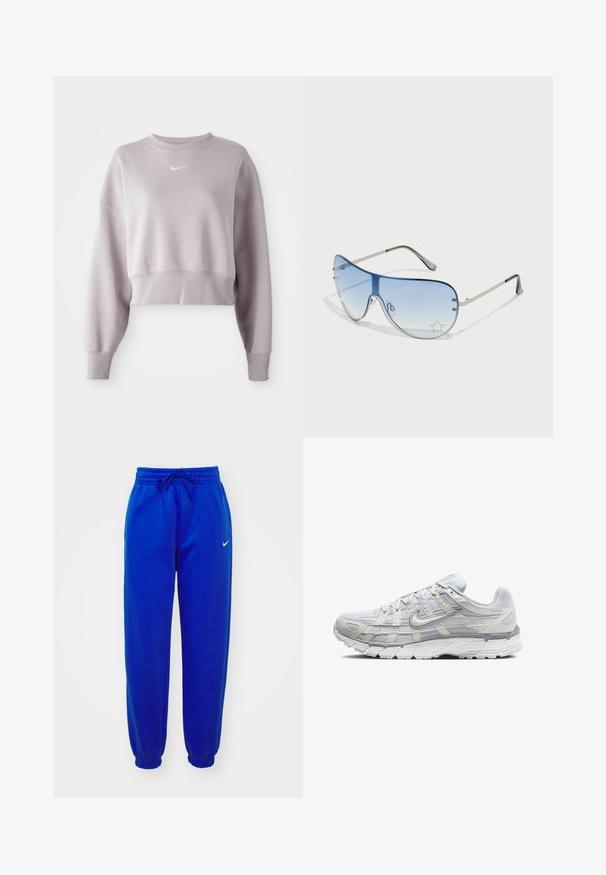 Trumpas, šviesiai levandų spalvos džemperis su ilgomis rankovėmis, raišteliais rankogaliuose ir mažuoju baltu Nike logotipu ant krūtinės. Minkšta medžiagos tekstūra.; Mėlynos fliso kelnės su elastinga juosta ir reguliuojamu raišteliu. Turi siaurėjantį apdailą bei mažą baltą Nike logotipą šone.; Šviesiai pilki sportiniai batai su tinkline ir sintetine viršutine dalimi, turintys raištelių užsegimą, paminkštintą apykaklę ir tekstūruotą padą geresnei sukibimo kokybei.; Aviatoriai akiniai su gradientiniais mėlynais objektyvais, sidabriniu metaliniu rėmu ir dekoratyvinėmis žvaigždžių akcentais ant objektyvų. Lygaus ir stilingo dizaino.