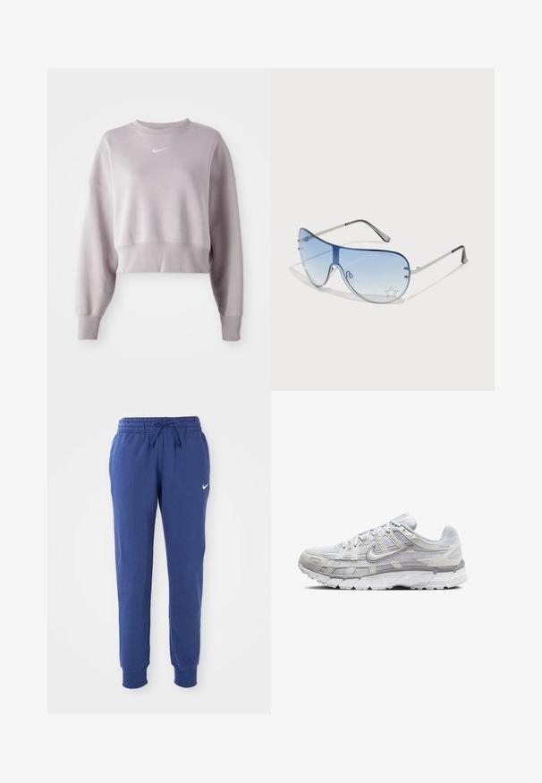 Cropped, light lavender sweatshirt with long sleeves, ribbed cuffs, and a small white Nike logo on the chest. Soft fabric texture.; Blue Nike sweatpants with elastic waistband, drawstring, cuffed ankles, and white Nike swoosh logo on the left thigh.; Light gray athletic shoes with a mesh and synthetic upper, featuring a lace closure, padded collar, and textured sole for grip.; Aviator sunglasses featuring a gradient blue lens, silver metal frame, and decorative star accents on the lens. Smooth and sleek design.