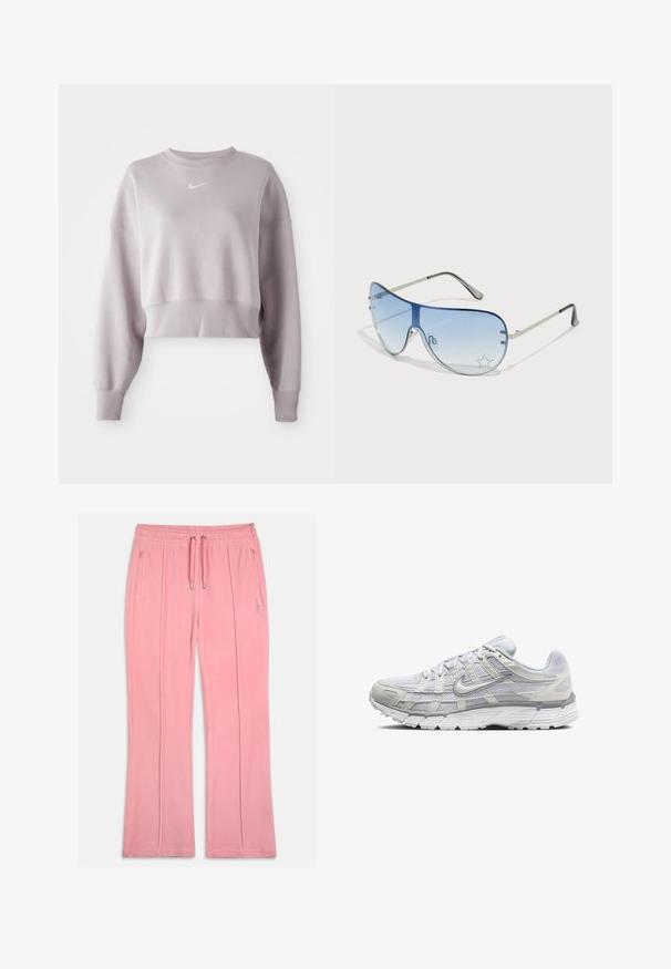 Zkrácená, světle levandulová mikina s dlouhými rukávy, žebrovanými manžetami a malým bílým logem Nike na hrudi. Měkká textilní struktura.; Růžové sametové tepláky s elastickým pasem, šňůrkou, dvěma předními kapsami a prošívanými detaily po stranách nohavic.; Světle šedé sportovní boty s vrchní částí z síťoviny a syntetického materiálu, vybavené šněrováním, polstrovaným límcem a texturovanou podrážkou pro lepší přilnavost.; Pilotské sluneční brýle s modrými gradientními skly, stříbrným kovovým rámem a dekorativními hvězdnými akcenty na sklech. Hladký a elegantní design.