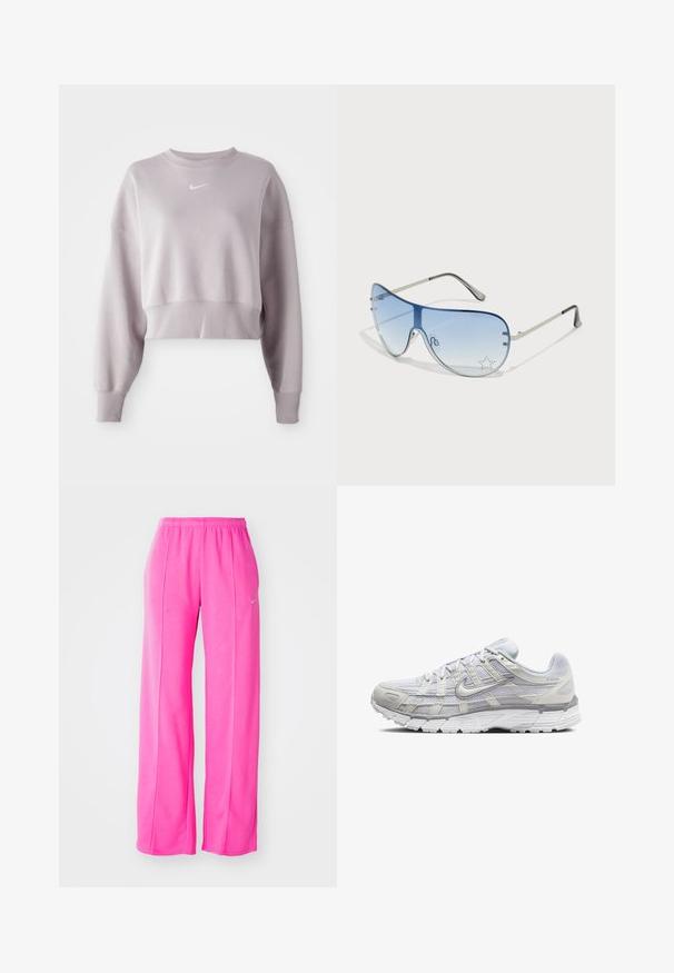 Izgriezts, gaiši lavandas svārku krekls ar garām piedurknēm, ribotām aprocēm un mazu baltu Nike logotipu uz krūtīm. Mīksta auduma tekstūra.; Roze, brīvi pieguļoši, viegli sporta bikses ar elastīgu jostu un sānu šuvēm. Uz augšējā kreisā augšstilba ir neliels logo.; Gai pelēki sporta apavi ar sietiņa un sintētisku augšdaļu, ar auklām, mīkstu apkakli un strukturētu zoli saķerei.; Pilotstila saulesbrilles ar gradienta zilām lēcām, sudraba metāla rāmjiem un dekoratīvām zvaigžņu akcentiem uz lēcām. Gluda un eleganta dizaina.