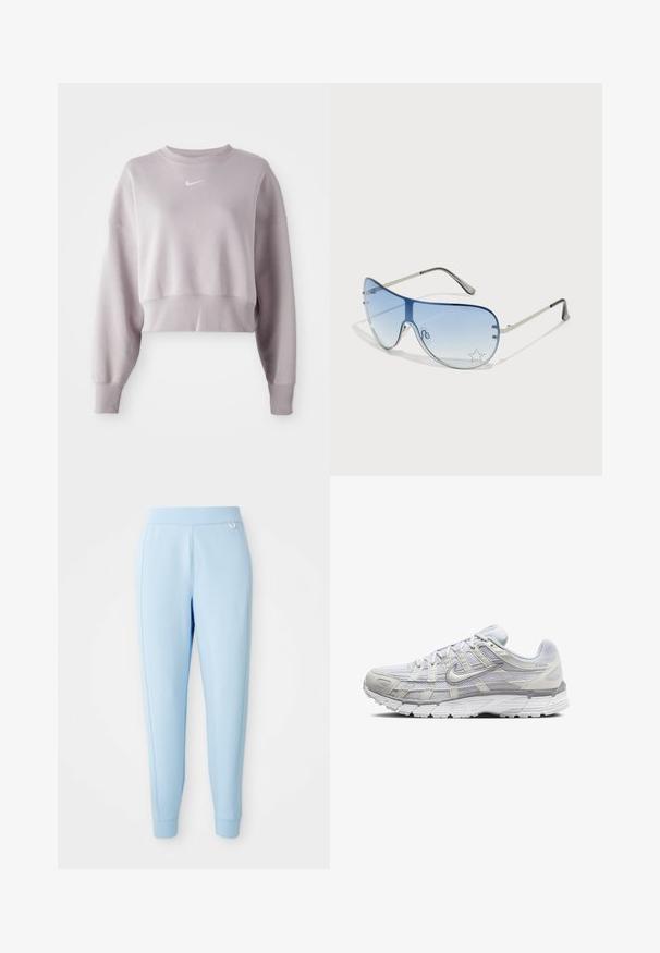 Cropped, light lavender sweatshirt with long sleeves, ribbed cuffs, and a small white Nike logo on the chest. Soft fabric texture.; Light blue jogger pants made of soft material, featuring a smooth texture, tapered legs, and a subtle logo accent on the side.; Light gray athletic shoes with a mesh and synthetic upper, featuring a lace closure, padded collar, and textured sole for grip.; Aviator sunglasses featuring a gradient blue lens, silver metal frame, and decorative star accents on the lens. Smooth and sleek design.