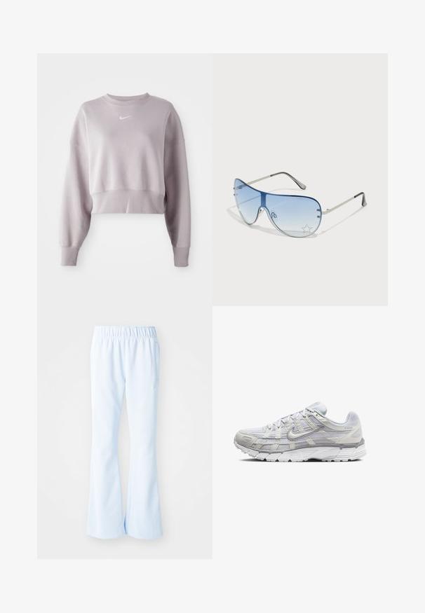 Izgriezts, gaiši lavandas svārku krekls ar garām piedurknēm, ribotām aprocēm un mazu baltu Nike logotipu uz krūtīm. Mīksta auduma tekstūra.; Gaiši zili sporta bikses ar izliektu apakšējo malu, elastīgu jostu un sānu kabatām. Izgatavotas no gludas, viegla auduma.; Gai pelēki sporta apavi ar sietiņa un sintētisku augšdaļu, ar auklām, mīkstu apkakli un strukturētu zoli saķerei.; Pilotstila saulesbrilles ar gradienta zilām lēcām, sudraba metāla rāmjiem un dekoratīvām zvaigžņu akcentiem uz lēcām. Gluda un eleganta dizaina.
