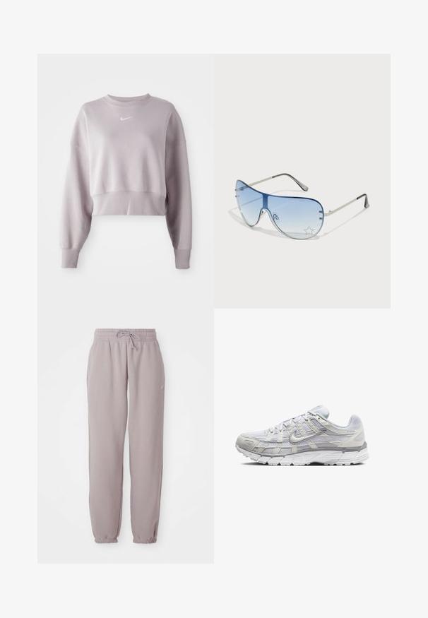 Izgriezts, gaiši lavandas svārku krekls ar garām piedurknēm, ribotām aprocēm un mazu baltu Nike logotipu uz krūtīm. Mīksta auduma tekstūra.; Gai mauvu flīsa bikses ar elastīgu jostasvietu, auklu, sānu kabatām un elastīgiem galiem, attēlotas plakanā stāvoklī uz baltas fona.; Gai pelēki sporta apavi ar sietiņa un sintētisku augšdaļu, ar auklām, mīkstu apkakli un strukturētu zoli saķerei.; Pilotstila saulesbrilles ar gradienta zilām lēcām, sudraba metāla rāmjiem un dekoratīvām zvaigžņu akcentiem uz lēcām. Gluda un eleganta dizaina.