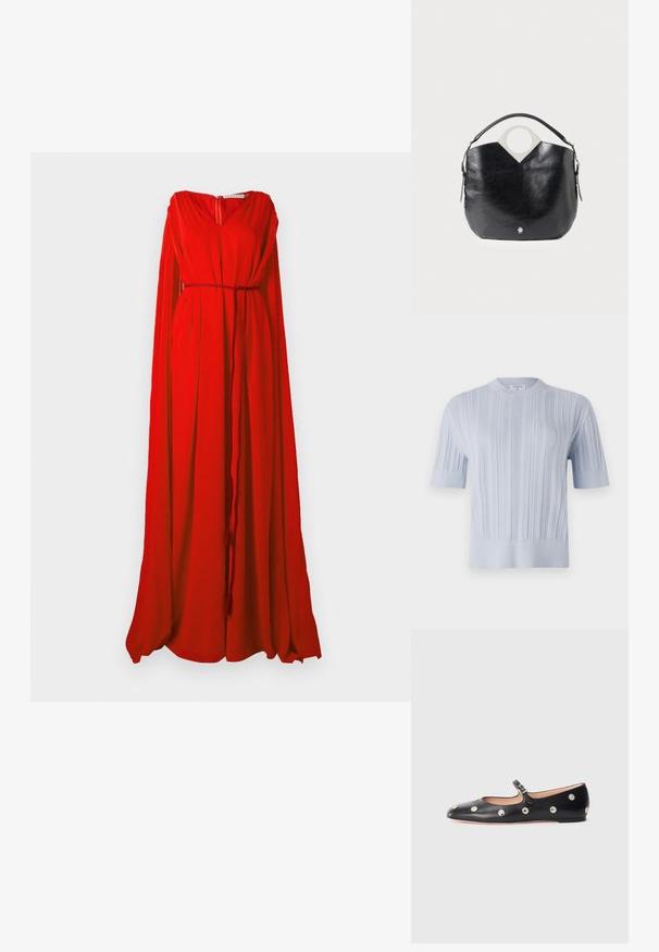 Light blue short-sleeved knit top featuring vertical ribbed texture and a crew neckline. The fabric shows subtle detailing with a fitted hem.; Red dress with a V-neckline, long flowing sleeves, and a cinched waistline. Made of lightweight fabric, featuring a zipper at the back.; Black leather Mary Jane flat shoe with a rounded toe, featuring silver circular studs and an adjustable strap with a buckle.; Black leather bag with a curved shape, circular top handle, and silver logo detail. Smooth texture and notable cut-out design feature.