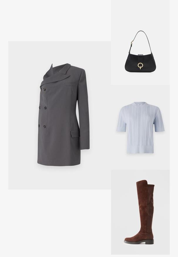 Gaišzils īsām piedurknēm adīts tops ar vertikālu ribu tekstūru un apaļu kakla izgriezumu. Audumam ir smalki akcenti ar pieguļošu apakšmalu.; Pelēks dubultās jostas žakets ar šaullu apkakli, kas aprīkots ar melnām pogām, vienu krūšu kabatu un plūstošu dizainu.; Augstas brūnas zamšā un audumā izgatavotas zābakus ar zemu melnu papēdi un noapaļotu purngalu, attēlotas sānos uz vienkrāsu baltā fona.; Melna ādas rokassoma ar izliekta siluetu, īsu siksnu, centrālo zelta krāsas aksesuāru un gludu tekstūru. Nav redzamu rakstu vai akcentu.