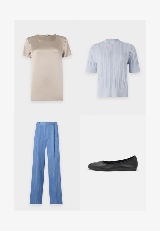 Svetlo modra kratkozaprstna pletena majica z vertikalno rebrasto teksturo in okroglim izrezom. Tkanina prikazuje subtilne detajle z ožjim robom.; Bež majica s kratkimi rokavi, izdelana iz gladkega satenskega materiala, z okroglim ovratnikom in minimalističnim dizajnom brez okrasnih elementov.; Svetlo modre široke hlače z vertikalnimi belimi črtami. Narejene iz gladkega materiala, z sprednjim pregibom in čistim dizajnom pasu.; Črne usnjene balerinke z zaobljenim nosom, gladko teksturo, minimalnimi šivi in fleksibilno zasnovo podplata.