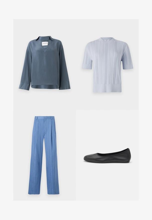 Vaaleansininen lyhythihainen neulepaita, jossa on pystysuora ribbikuviointi ja pyöreä pääntie. Kankaassa on hienovaraisia yksityiskohtia ja kapea helma.; Pitkähiha, sininen satiinitoppi, jossa on V-kaula-aukko ja kaulus. Sisältää laatikkoleikkauksen ja hihat, joissa on sileä tekstuuri. Brändilogo näkyvissä sisällä.; Vaaleansiniset leveälahkeiset housut, joissa on pystysuorat valkoiset raidat. Valmistettu sileästä materiaalista, jossa on etutasku ja siisti vyötärönauha.; Musta nahkainen ballerina, jossa on pyöristetty kärki, sileä pinta, minimaalinen ommelkoristelu ja joustava pohjamuotoilu.