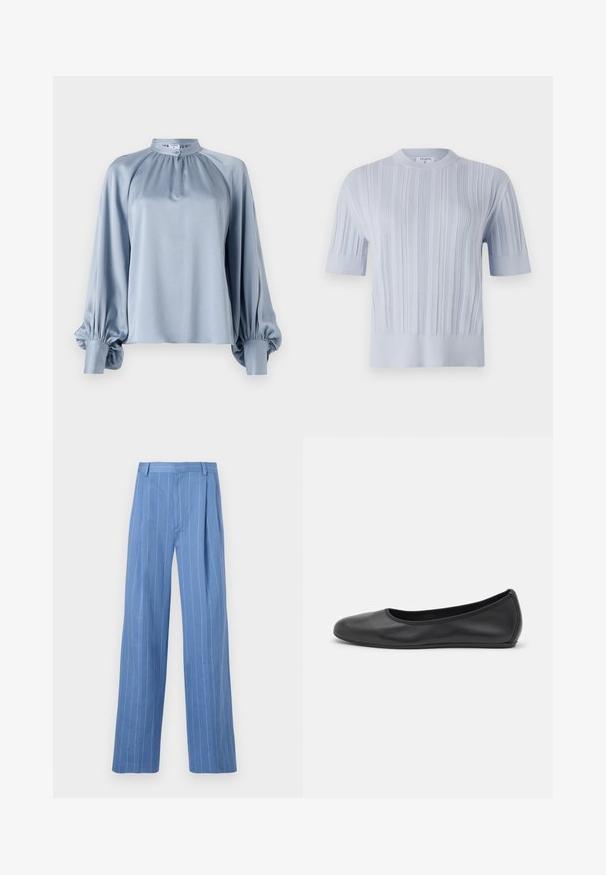 Light blue short-sleeved knit top featuring vertical ribbed texture and a crew neckline. The fabric shows subtle detailing with a fitted hem.; Light blue blouse featuring a high collar, long raglan sleeves with gathered cuffs, and a smooth, satin-like texture.; Light blue wide-leg trousers with vertical white stripes. Made of smooth material, featuring a front pleat and a clean waistband design.; Black leather ballet flat with a rounded toe, smooth texture, minimal stitching detail, and a flexible sole design.
