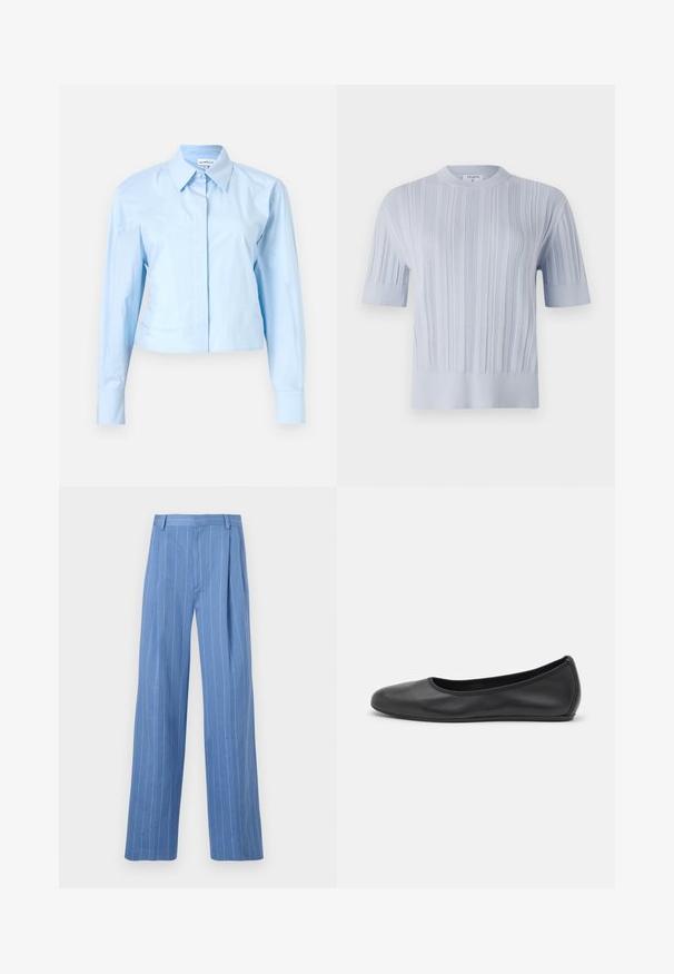 Lyseblå kortærmet striktrøje med vertikal ribbet struktur og rund halsudskæring. Stoffet har subtile detaljer med en tætsiddende kant.; Lyseblå cropped langærmet skjorte med knapkrave, lavet af glat stof. Har en frontplacket og strukturerede manchetter.; Lysblå bukser med brede ben og lodrette hvide striber. Fremstillet af glat materiale, med en frontplissé og et rent design af taljebåndet.; Sort læderballetsko med rund tå, glat tekstur, minimal syning og et fleksibelt såldesign.