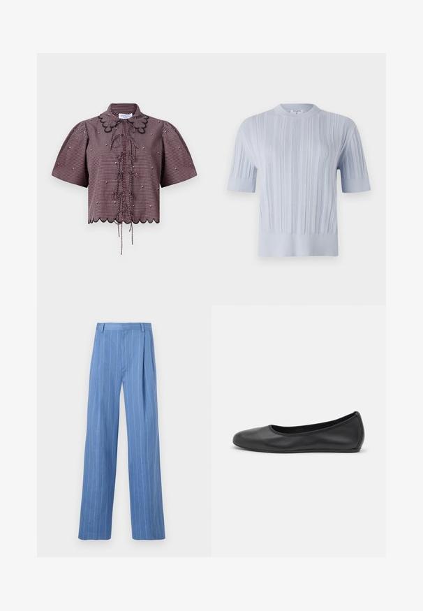 Top tricotat scurt, de culoare albastru deschis, cu mâneci scurte, prezentând o textură ribbed verticală și un decolteu rotund. Țesătura are detalii subtile cu un tiv ajustat.; Top scurt din material în carouri roșii și negre, cu mâneci bufante, margine ondulată, legături frontale și detalii din dantelă neagră în jurul gulerului.; Pantaloni largi de culoare bleu deschis, cu dungi verticale albe. Confectionați dintr-un material neted, cu pliuri frontale și un design curat al taliei.; Balerini din piele neagră, cu vârf rotund, textură netedă, detalii de cusătură minimale și un design al tălpii flexibil.