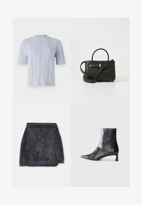 Hele sinine lühikese varrukaga kootud pehme pluus, millel on vertikaalne sooniline tekstuur ja ümmargune kaelus. Kanga peal on peeneid detaile ning pluusi alläär on vormitud.; Kareda tumehall skirt pehmea tekstuuriga, veidi laienev disain ja kaardus serv. Kangas näeb välja soe ja mugav.; Mustad mustall nahkasaabas terava nina ja stiilse disainiga. Omab madalat konts ja luku sulgemist taga. Sile tekstuur.; Mustmust must-kott, millel on tekstuuriga viimistlus, ülemised käepidemed ja pikk reguleeritav rihm. Eespoolt leiate kuldse tooniga metalldetaili.