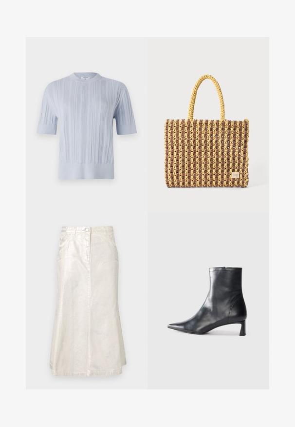 Svetlomodrý pletený top s krátkym rukávom, ktorý má vertikálnu rebrovanú textúru a okrúhly výstrih. Tkanina má jemné detaily s priliehavým lemom.; Svetlo strieborná džínová sukňa s rozšíreným strihom, prednými vreckami, zapínaním na gombík a hladkou textúrou. Obsahuje jemný lesk a čisté okraje.; Čierne kožené členkové topánky s špicatou špičkou a elegantným dizajnom. Majú nízky podpätok a zips na zadnej strane. Hladká textúra.; Tkaná taška v hnedej a žltej farbe, s obdĺžnikovým tvarom, dvoma úchytmi a textúrovaným povrchom s viditeľným šitím a značkovou visačkou.