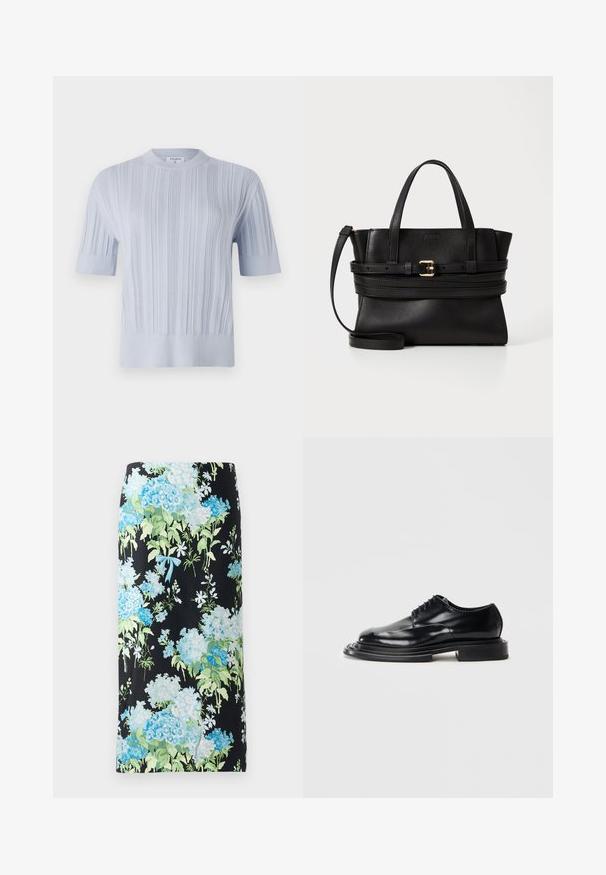 Ljust blå kortärmad stickad topp med vertikal ribbad textur och rund halsringning. Tyget har subtila detaljer med en figurnära nederkant.; Blommig blyertskjol i svart tyg, med stora blå och gröna hortensior samt små vita blommor, prydd med en ljusblå rosett.; Svart lädersko med en blank yta, rund tå, snöre och en tjock, platt sula. Har en lagrad, skulpturerad design.; Svart läderhandväska med strukturerad design, dubbla handtag på toppen, avtagbar rem och guldspänne som accent på en horisontell rem.