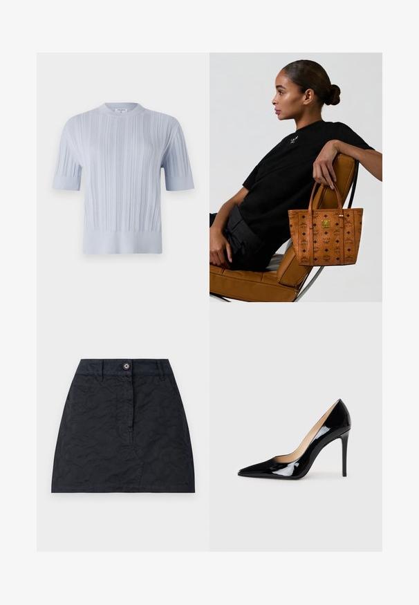 T-shirt tricot à manches courtes de couleur bleu clair, présentant une texture en côtes verticales et un col rond. Le tissu révèle des détails subtils avec une finition ajustée.; Jupe noire à motif texturé, dotée d'une fermeture à boutons sur le devant, de deux poches et d'une coupe ajustée. Fabriquée en tissu durable.; Escarpin noir en cuir verni avec un design à bout pointu et une silhouette élégante. Présente une finition lisse et brillante ainsi qu'un talon aiguille fin.; Femme avec les cheveux en chignon assise de côté sur une chaise en cuir beige, tenant un sac fourre-tout beige à motifs avec des logos noirs et un emblème doré.