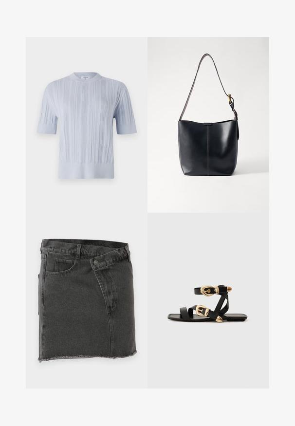 Svetlo modra kratkozaprstna pletena majica z vertikalno rebrasto teksturo in okroglim izrezom. Tkanina prikazuje subtilne detajle z ožjim robom.; Črna denim mini krilo z sprednjimi žepi, pasnimi zankami, gumbnim zapiranjem in obrobkom z nerazrezanimi robovi.; Črne usnjene sandale z zlatimi zaponkami, ki imajo več trakov in ravno podplati za nošenje brez prstov.; Črna usnjena torba za ramo z gladko teksturo, ki ima tanko dolgotrajno naramnico in subtilen šivni detajl po sredini.