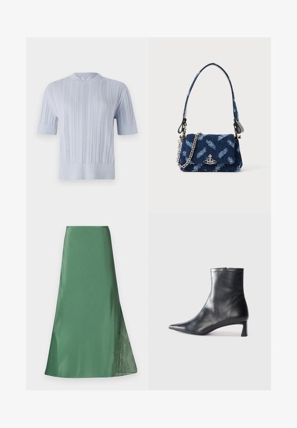 Ljust blå kortärmad stickad topp med vertikal ribbad textur och rund halsringning. Tyget har subtila detaljer med en figurnära nederkant.; Grön satin kjol med en flödande A-linjeform, som har en genomskinlig spetsdetalj på ena sidan för extra textur och kontrast.; Svart läder ankelboot med spetsig tå och en smidig design. Har en låg klack och en dragkedjestängning bak. Slät textur.; Marinblå tyghandväska med strukturerad design, silverdetaljer och en avtagbar kedjerem. Har en klaffstängning och logotypdekor.