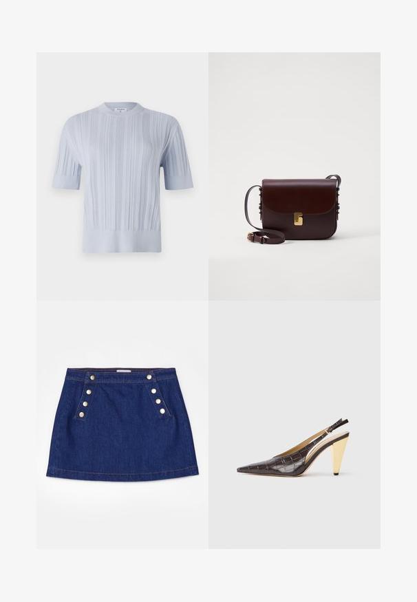 Hele sinine lühikese varrukaga kootud pehme pluus, millel on vertikaalne sooniline tekstuur ja ümmargune kaelus. Kanga peal on peeneid detaile ning pluusi alläär on vormitud.; FRAME SAILOR SNAP SKIRT - Teksaseelik - celestine; Kitsas varbaga slingback konts tumepruunis läikivas kunstkrokodillinahast. Omab kuldse tooni geomeetrilist kontsa ja reguleeritavat pahkluu rihma.; Pruun nahast kott klappi sulgemisega, kuldsete detailidega ja reguleeritava rihmaga. Omab siledat tekstuuri ja stiilset ristküliku kuju.