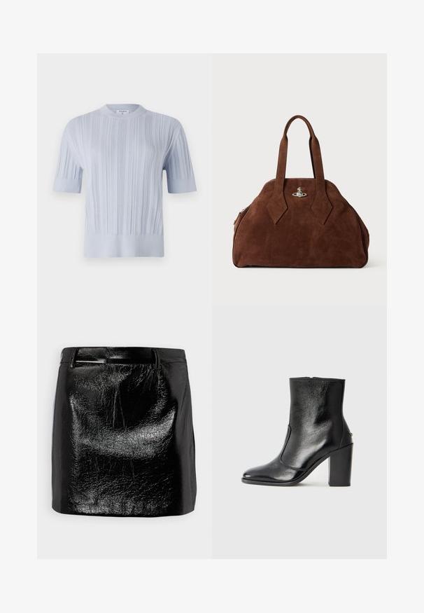 T-shirt tricot à manches courtes de couleur bleu clair, présentant une texture en côtes verticales et un col rond. Le tissu révèle des détails subtils avec une finition ajustée.; Mini-jupe en cuir noir avec une finition brillante, présentant une texture lisse, une coupe droite et des détails de couture subtils à la taille.; Bottine en cuir noir, avec une texture lisse, un bout pointu et un talon chunky haut. Présente une ouverture sur le côté et un design minimaliste.; Sac à main en daim marron avec une forme structurée, un corps arrondi et des poignées allongées en forme de diamant. Il dispose d'une fermeture en métal argenté.