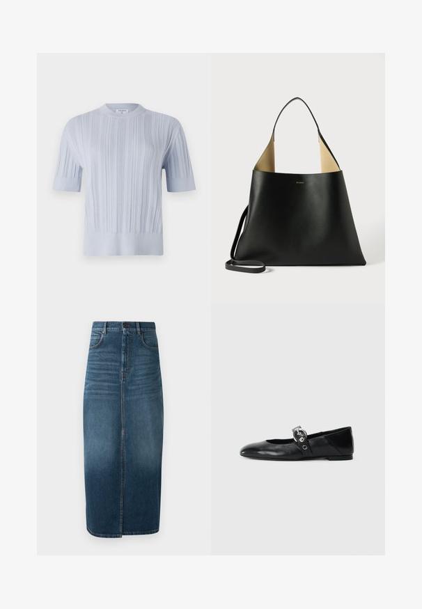 Top a maniche corte in maglia blu chiaro con texture a righe verticali e scollatura rotonda. Il tessuto presenta dettagli sottili con orlo aderente.; Gonna midi in denim di colore indaco scuro, con spacco frontale e una leggera sfumatura. Design classico a cinque tasche con chiusura a bottone in metallo.; Ballerine in pelle nera con punta appuntita, dotate di una fascia con una fibbia metallica circolare e suola piatta.; Borsa tote in pelle nera con un design spazioso e angolare. Presenta un interno in contrasto di color cammello e una sottile tracolla. Branding minimalista visibile.