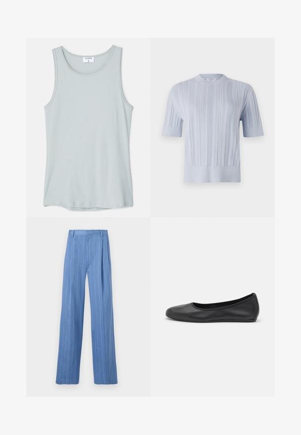 Light blue short-sleeved knit top featuring vertical ribbed texture and a crew neckline. The fabric shows subtle detailing with a fitted hem.; Filippa K TANK - Top - thundersto; Light blue wide-leg trousers with vertical white stripes. Made of smooth material, featuring a front pleat and a clean waistband design.; Black leather ballet flat with a rounded toe, smooth texture, minimal stitching detail, and a flexible sole design.