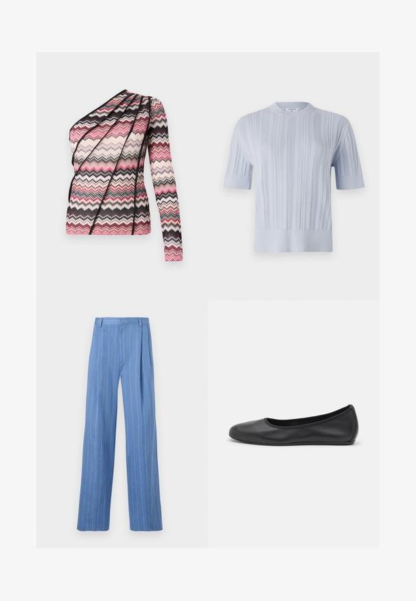 Gaišzils īsām piedurknēm adīts tops ar vertikālu ribu tekstūru un apaļu kakla izgriezumu. Audumam ir smalki akcenti ar pieguļošu apakšmalu.; Adīta blūze ar vienu garu piedurkni un asimetrisku dizainu. Iespējots zigzag raksts rozā, melnā un krēmkrāsā ar teksturētu audumu.; Gaiši zili platajā kāja bikses ar vertikālām balta līnijām. Izgatavotas no gluda materiāla, ar priekšējo kroku un vienkāršu jostas dizainu.; Melna ādas baleta kurpe ar noapaļotu purngalu, gludu tekstūru, minimālu šuvju detalizāciju un elastīgu zoles dizainu.