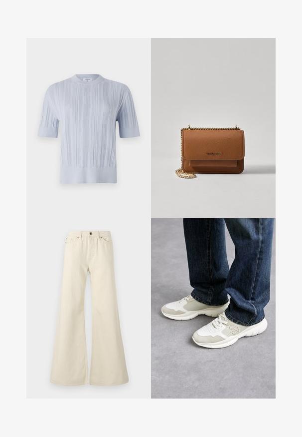 Hele sinine lühikese varrukaga kootud pehme pluus, millel on vertikaalne sooniline tekstuur ja ümmargune kaelus. Kanga peal on peeneid detaile ning pluusi alläär on vormitud.; Heledad beežid flared teksad, mis on valmistatud puuvillast. Omavad kõrget vööd, viit taskut ja nööbi kinnitust kontrastse õmbluse detailidega.; Heledad hallid heledas hallis ja pehmest beezist võrkkangast, nahast detailidega. Omab paeltega kinnitamist ja paksu valget kummist tallat. Kandmiseks sinised teksad.; Pruun tekstureeritud nahk ristkeha kott kuldse ahelaga rihmaga ja klapiga sulgemine. Esiküljel on logo detail ja tasku klapi all.