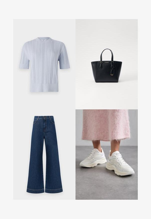 Helles blaues kurzärmliges Strickoberteil mit vertikaler Rippstruktur und Rundhalsausschnitt. Der Stoff zeigt dezente Details mit einem taillierten Saum.; Weite blaue Jeans aus Denim mit hoher Taille, ausgestattet mit einem Knopfverschluss, Gürtelschlaufen und dezenten Stichdetails an den Taschen und Säumen.; Weiße Sneakers aus Mesh- und Leder-Material, mit runder Zehenkappe und gepolsterter Sohle. Verfügt über Schnürsenkel und Markenname auf der Zunge.; Schwarze Leder-Handtasche mit strukturierter Form, kurzen Doppelgriffen, goldfarbenen Beschlägen und einem seitlichen Anhänger. Glatte, strukturierte Oberfläche.