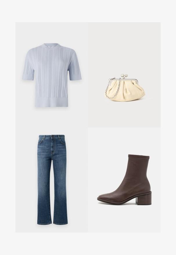 Világoskék, rövid ujjú kötött felső, függőleges bordázott textúrával és kerek nyakkivágással. Az anyag finom részletezéssel rendelkezik, és váltott szegéllyel zárul.; Sötétkék farmernadrág, egyenes lábbal, öt zsebes kialakítással, gombos záródással és diszkrét varrási részletekkel.; Loeffler Randall ROXY STRETCH - Klasszikus bokacsizmák - espresso; Pleátolt bézs bőr válltáska ezüst fém kerettel, két kerek díszcsattal és ezüst lánc pánttal.