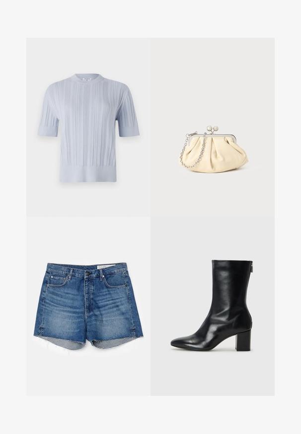 Šviesiai mėlynas trumpas rankovėmis megztinis su vertikaliu raukšlėtu raštu ir apvaliu iškirpimu. Audinys turi subtilių detalių su prigludusiu apvadu.; rag & bone VINTAGE CUT OFF - Džinsiniai šortai - blue denim; Juodų odinių kulkšninių botų su smailiu nosiu ir 4 cm pločio bloku. Išskirtinis dizainas pasižymi šoniniu užtrauktuku, leidžiančiu lengvai apsiauti. Lygi tekstūra.; Plyšiniai smėlio spalvos odiniai rankinukai su sidabriniu metaliniu rėmu, turintys du apvalius dekoratyvinius užtrauktukus ir sidabrinę grandinėlę.