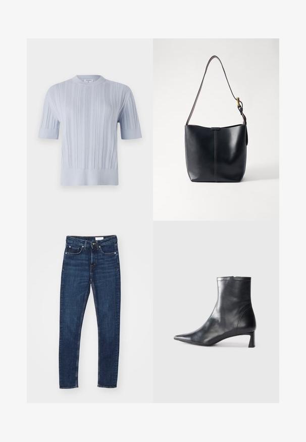 Top de punto de manga corta en azul claro, con textura de canalé vertical y cuello redondo. La tela presenta un detalle sutil con un dobladillo ajustado.; Vaqueros de mezclilla azul oscura con un corte slim, que cuentan con un cierre de botón y cremallera, cinco bolsillos y detalles de costura en contraste.; Botín de cuero negro hasta el tobillo con punta afilada y un diseño elegante. Presenta un tacón bajo y un cierre con cremallera en la parte trasera. Textura suave.; Bolso de hombro de cuero negro con una textura suave, que presenta una correa delgada y larga y un sutil detalle de costura en el centro.