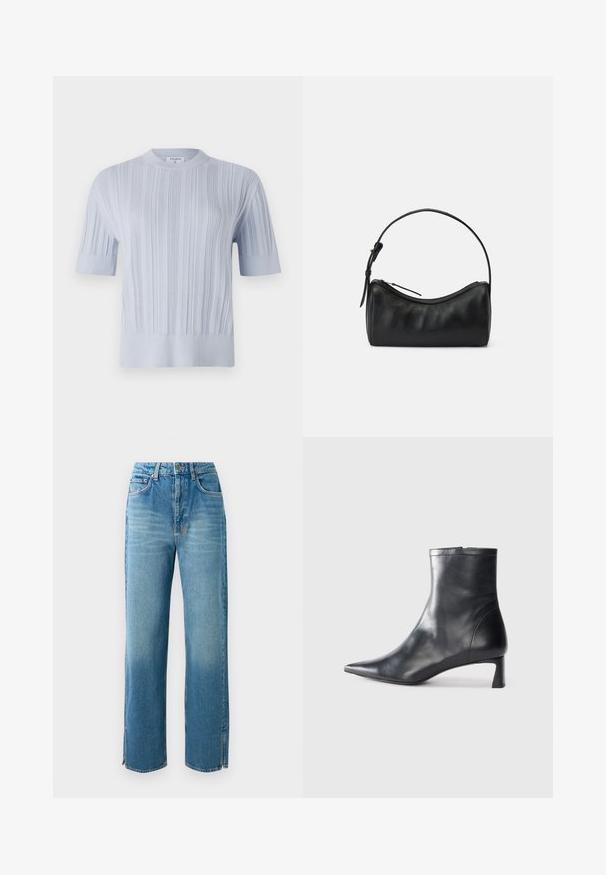 Ανοιχτό μπλε κοντομάνικο πλεκτό μπλουζάκι με όρθια ριχτή υφή και στρογγυλή λαιμόκοψη. Το ύφασμα έχει λεπτομέρειες με εφαρμοστό στρίφωμα.; Ανοιχτό μπλε τζιν παντελόνι με ψηλή μέση, ευθεία γραμμή και πλαϊνές σχισμές στο στρίφωμα. Διαθέτει παραδοσιακό σχέδιο πέντε τσ pockets και κλείσιμο με κουμπί.; Μαύρη δερμάτινη μπότες αστραγάλου με μυτερή μύτη και κομψό σχέδιο. Διαθέτει χαμηλό τακούνι και φερμουάρ στο πίσω μέρος. Λείο υφή.; Μαύρη δερμάτινη τσάντα ώμου με καμπυλωτό σχέδιο, φερμουάρ κλεισίματος και λεπτό λουρί. Διαθέτει λεία υφή και διακριτές ραφές.