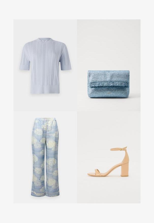 Hele sinine lühikese varrukaga kootud pehme pluus, millel on vertikaalne sooniline tekstuur ja ümmargune kaelus. Kanga peal on peeneid detaile ning pluusi alläär on vormitud.; Helesinine laia säärega püksid, mis on valmistatud kergest materjalist, ja millel on pehmed valged ning alatoonide pastellseid pilvemustreid, elastse vöökoha ja mugavustega.; Nahal tõmblukk nahast kontsaga sandaalid ruudukujulise varbaga, pahkluu rihmaga ja paksu blokknõelaga. Sile tekstuur ja minimaalsed disainidetailid.; Hele sinine kootud käekott tekstureeritud viimistlusega ja frantsi detailiga esiküljel. Omab peent ristkülikukujulist vormi ja kerget brändimist.