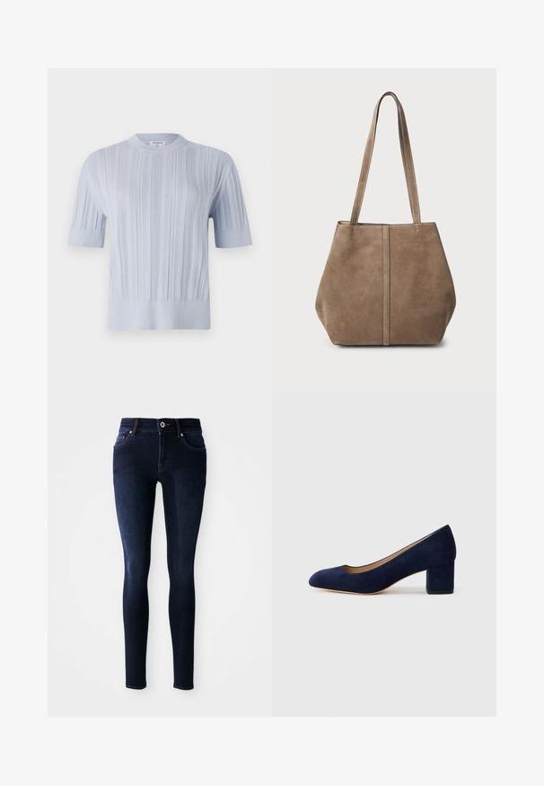 Top de malha de manga curta azul clara com textura de riscas verticais e decote redondo. O tecido apresenta detalhes subtis com uma bainha ajustada.; Jeans skinny azul-escuro feitos de denim, apresentando uma cintura alta, design de cinco bolsos e detalhes em costura nos bolsos e na cintura.; Salgados de camurça azul-marinho com bico fino e um salto quadrado de altura média. Textura suave com um ligeiro brilho e um pequeno corte na parte da frente.; Saco tote de camurça castanho com duas alças longas, detalhe de costura vertical na parte da frente e uma textura suave. Design espaçoso adequado para o uso diário.