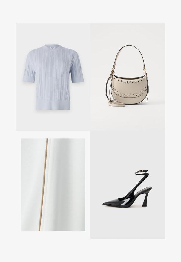 Svetlomodrý pletený top s krátkym rukávom, ktorý má vertikálnu rebrovanú textúru a okrúhly výstrih. Tkanina má jemné detaily s priliehavým lemom.; Biely materiál s hladkou textúrou a béžový akcentový pruh, ktorý beží vertikálne pozdĺž jednej strany.; Čierne lakované kožené lodičky na podpätku s špicatou špičkou, nastaviteľným popruhom okolo členka a stredne vysokým blokovým podpätkom. Hladký povrch s lesklým finišom.; Vanessa Bruno MINI DAILY BAG - Kabelka - ivoire