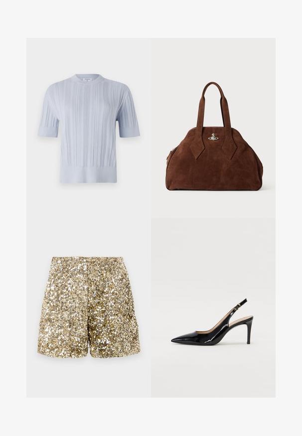 Svetlomodrý pletený top s krátkym rukávom, ktorý má vertikálnu rebrovanú textúru a okrúhly výstrih. Tkanina má jemné detaily s priliehavým lemom.; Zlaté flitrové šortky so lesklou textúrou, s voľným strihom a elastickým pásom. Flitre vytvárajú trblietavý efekt.; Čierne lakované kožené slingback lodičky s špicatou špičkou, štíhlým podpätkom a jemným výrezom. Obsahuje zlatú pracku na remienku.; Hnedá semišová kabelka so štruktúrovaným tvarom, zaobleným telom a predĺženými rukoväťami v tvare diamantov. Obsahuje uzatváranie so striebornou hardvérovou sponou.