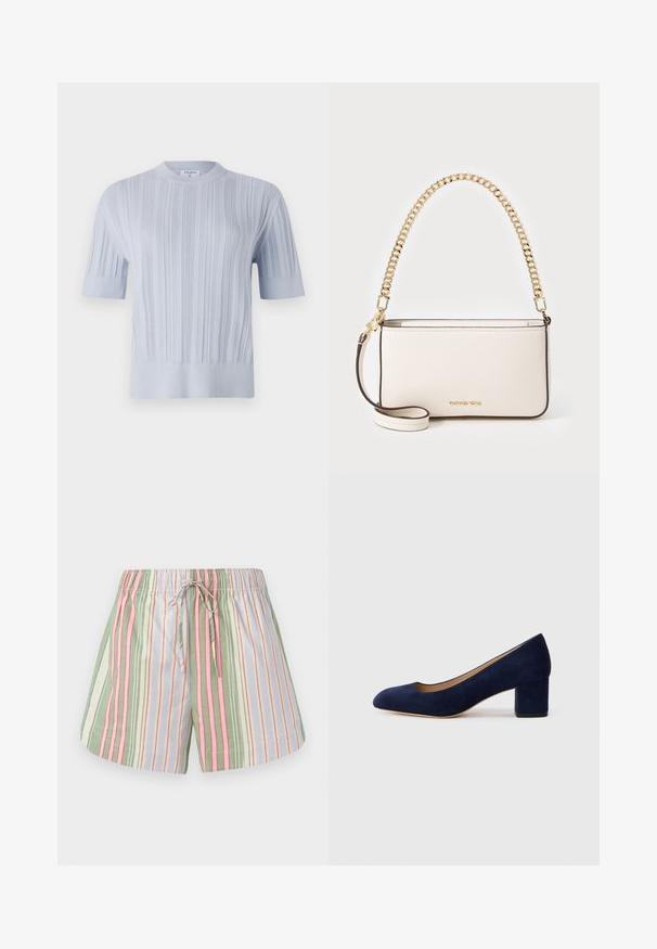 Helles blaues kurzärmliges Strickoberteil mit vertikaler Rippstruktur und Rundhalsausschnitt. Der Stoff zeigt dezente Details mit einem taillierten Saum.; Gestreifte Baumwollshorts mit einem Kordelzugbund. Verfügt über vertikale Linien in Grün, Pink, Lila und Creme. Weicher Stoff, entspannter Schnitt.; Marineblaue Wildleder-Pumps mit spitzem Zehenbereich und einem mittelhohen Blockabsatz. Glatte Textur mit einem subtilen Glanz und einem kleinen Ausschnitt an der Vorderseite.; Weißes Lederhandtasche mit strukturierter Oberfläche, ausgestattet mit einem goldenen Kettenriemen und einem abnehmbaren Schulterriemen. Logo auf der Vorderseite eingestanzt.
