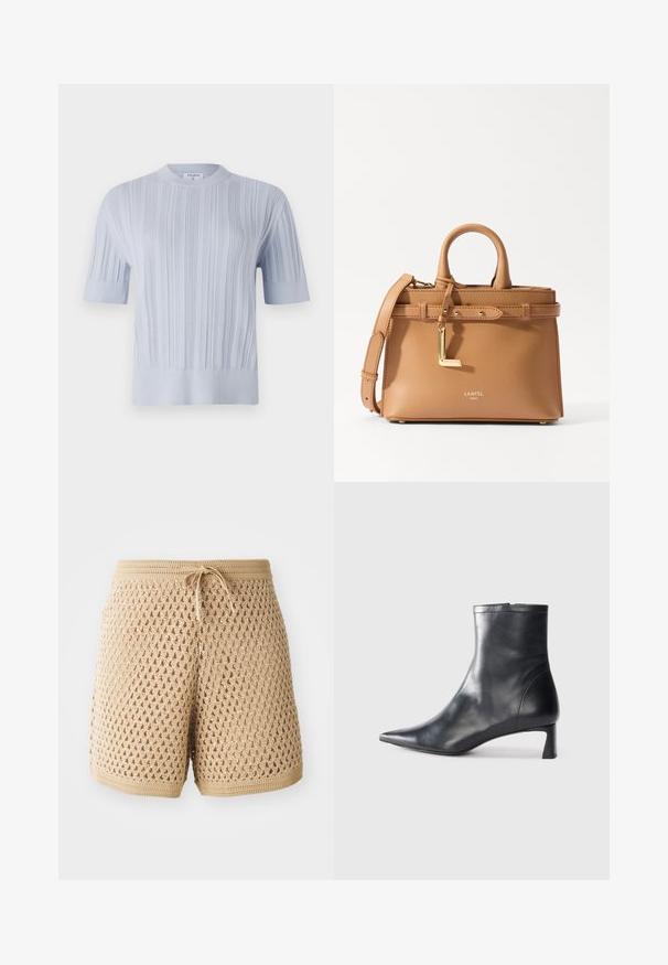 T-shirt tricot à manches courtes de couleur bleu clair, présentant une texture en côtes verticales et un col rond. Le tissu révèle des détails subtils avec une finition ajustée.; Shorts en crochet beige avec un motif en diamant complexe, taille avec cordon de serrage et bords côtelés. Tissu léger et respirant.; Bottine en cuir noir avec un bout pointu et un design épuré. Présente un petit talon et une fermeture éclair à l'arrière. Texture lisse.; Sac à main en cuir tan avec une finition texturée, doubles poignées supérieures, une bandoulière amovible et des détails en métal doré, avec un logo.