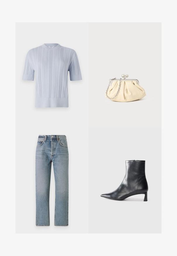 Hele sinine lühikese varrukaga kootud pehme pluus, millel on vertikaalne sooniline tekstuur ja ümmargune kaelus. Kanga peal on peeneid detaile ning pluusi alläär on vormitud.; Heledad sinine teksarihm, sirge lõike, kõrge vöökoht ja klassikaline viie tasku disain. Üksikasjad hõlmavad peent pleekimist ja tõmblukk.; Mustad mustall nahkasaabas terava nina ja stiilse disainiga. Omab madalat konts ja luku sulgemist taga. Sile tekstuur.; Kortsus beežist nahast kotike, millel on hõbedane metallraam, kaunistatud kahe ümmarguse dekoratiivse lukuga ja hõbedase ketispideme.