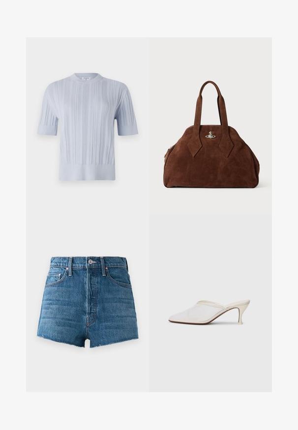 Vaaleansininen lyhythihainen neulepaita, jossa on pystysuora ribbikuviointi ja pyöreä pääntie. Kankaassa on hienovaraisia yksityiskohtia ja kapea helma.; Siniset farkku korkeavyötäröiset shortsit, etupainikkeella, vyölenkeillä, viisi taskua ja raakareunat yksinkertaisella taustalla.; Valkoinen verkkokangas teräväkärkinen mulu, jossa on ohut keskipituinen korko ja liukupohjainen muotoilu yksinkertaista taustaa vasten.; Ruskea mokkahamppari, jossa on jämäkkä muoto, pyöreä runko ja pitkät timantinmuotoiset kahvat. Varustettu hopeasävyisellä sulkumekanismilla.