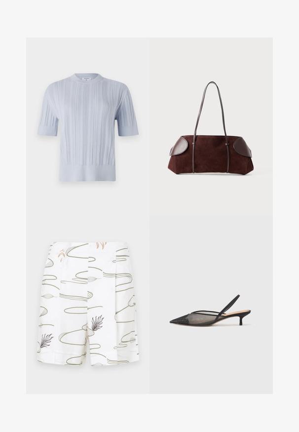 Lichtblauw, kort mouwend, gebreid topje met verticale ribbelstructuur en een ronde halslijn. De stof vertoont subtiele details met een fitted zoom.; Witte shorts met vloeiende, abstracte groene en bruine lijnpatronen, voorzien van plooien en een gladde textuur.; NEOUS IRENA - Klassieke pumps - black; Bruine suède tas met leren accenten, gestructureerde vorm, dubbele schouderbanden en ronde randen, met een gladde textuur en minimale hardware.