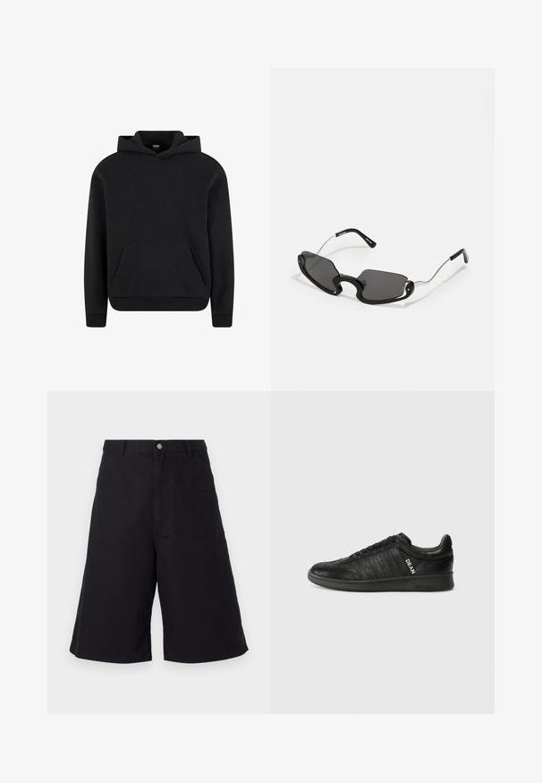 Černá mikina s kapucí vyrobená z měkké tkaniny, se přední klokaní kapsou, žebrovanými manžetami a stahovací kapucí. Klasický a univerzální design.; Černé bavlněné šortky s rovnými nohavicemi, předními kapsami, zapínáním na knoflík a texturou vhodnou pro volnočasové nošení.; Černé tenisky vyrobené z texturované kůže, s plochou podrážkou, šněrovacím předním dílem a bočními pruhy s bílým logem "DEAN".; Černé sluneční brýle s jedinečným tvarovaným štítem, vybavené tmavými skly a tenkými stříbrnými kovovými nohami. Rámečky mají zaoblené akcenty a výrazný design.