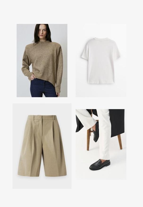 Beige struktureret sweater med høy krave, ribbede manchetter og kant, samt en lidt asymmetrisk skæring. Sammen med mørkeblå jeans.; Hvid bomuld t-shirt med korte ærmer, rund hals og en glat tekstur. Bagsiden er ensfarvet uden ekstra mønstre eller designs.; Beige skræddersyede shorts med en plisseret design, lavet af et let materiale. Har en talje og dybe forlommer.; Sorte læder loafers med en glat tekstur og et bredt stropdetalje, iført med hvide skræddersyede bukser. Hælen har et fladt design.