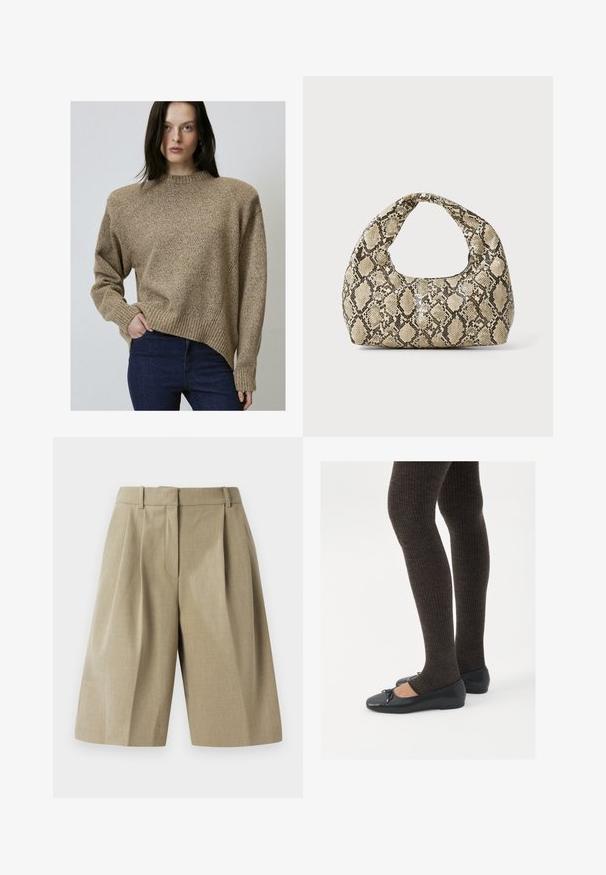 Beige struktureret sweater med høy krave, ribbede manchetter og kant, samt en lidt asymmetrisk skæring. Sammen med mørkeblå jeans.; Beige skræddersyede shorts med en plisseret design, lavet af et let materiale. Har en talje og dybe forlommer.; Sorte flade sko med en lille sløjfedetalje ved tåen, parret med mørkebrune ribbede strømpebukser. Skoene har en glat overflade og lav profil.; Slangeprint håndtaske med et buet håndtag. Lavet af strukturerede, beige og brune materialer, med et karakteristisk diamantmønster.