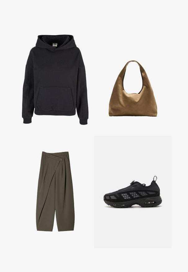Schwarzer Baumwollhoodie mit einer geräumigen Kängurutasche, großer Kapuze, gerippten Bündchen und Saum. Einfaches, lässiges Design ohne sichtbare Muster.; Weite Hose aus dunkelolivgrünem Stoff mit einem gefältelten Vorderdesign, einem Knopfverschluss und einer glänzenden, strukturierten Oberfläche.; Schwarzer Sportschuh mit gepolsterter Sohle, mesh-Obermaterial und strukturierten Akzenten. Verfügt über eine Zuglasche und einen runden Verschluss oben.; Braune Stoffschultertasche mit einem breiten, runden Körper und einem großen Ausschnittgriff. Sanfte Textur, minimalistisches Design und keine sichtbaren Beschläge.